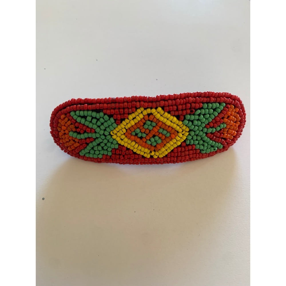 Vintage Seed Bead Hair Barrette Red Green Yellow Geometric Boho French Clip